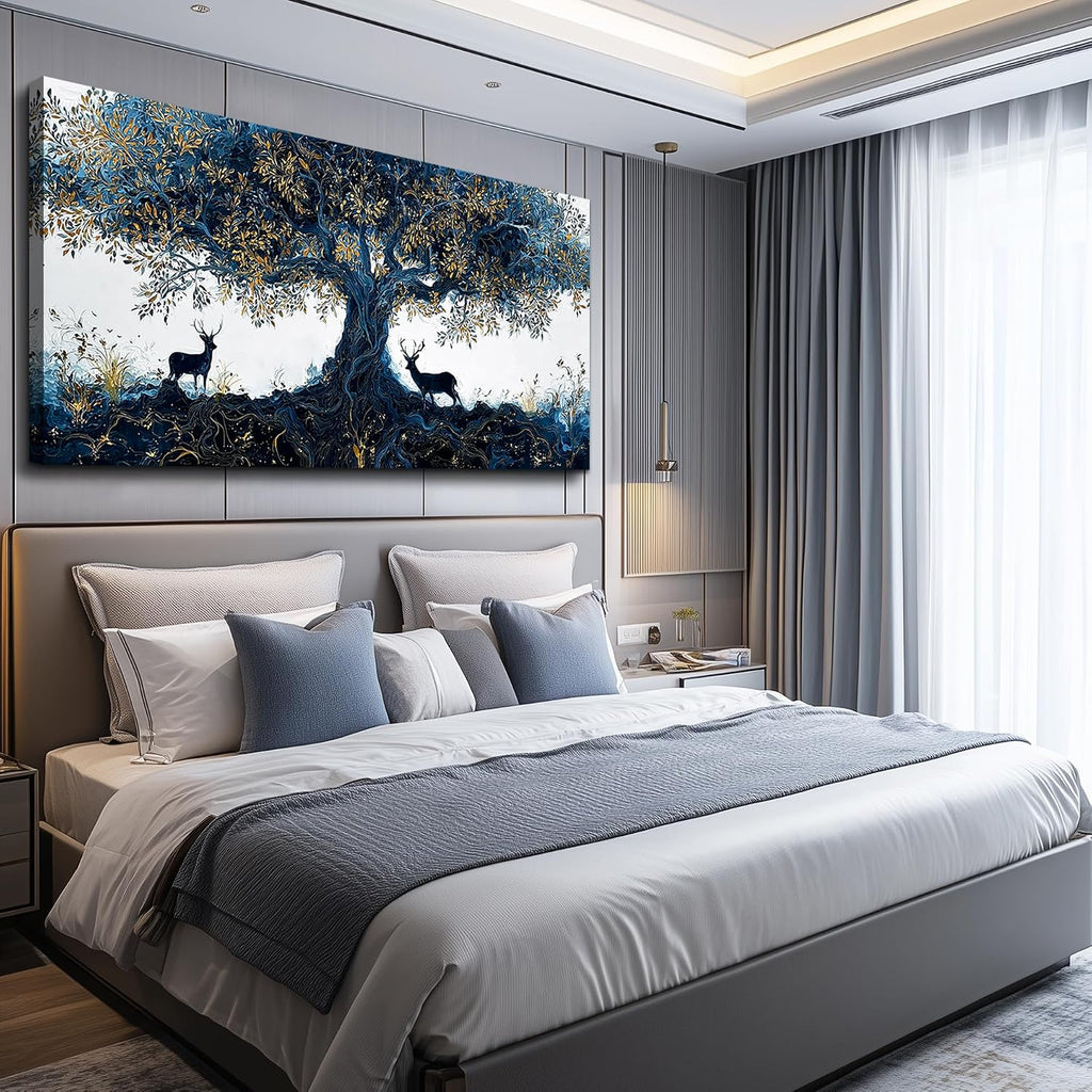 XIGUANGART Blue Tree of Life Wall Art, Large Pictures Wall Art for Living Room, Deer Oversized Wall Decor Elk Animal Canvas Print Painting Modern Extra Large Framed Artwork for Bedroom Office 60'x30'