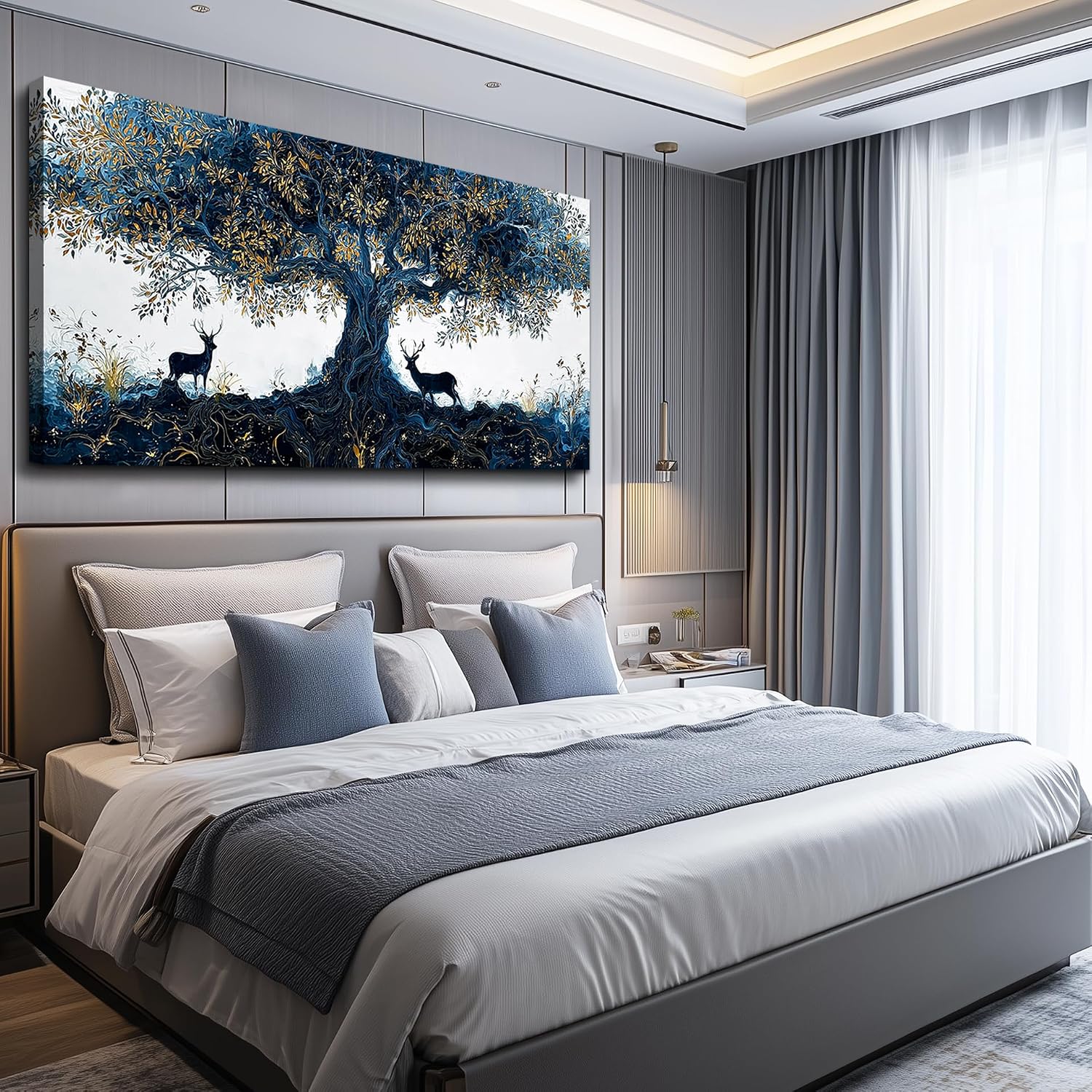 XIGUANGART Blue Tree of Life Wall Art, Large Pictures Wall Art for Living Room, Deer Oversized Wall Decor Elk Animal Canvas Print Painting Modern Extra Large Framed Artwork for Bedroom Office 60'x30'
