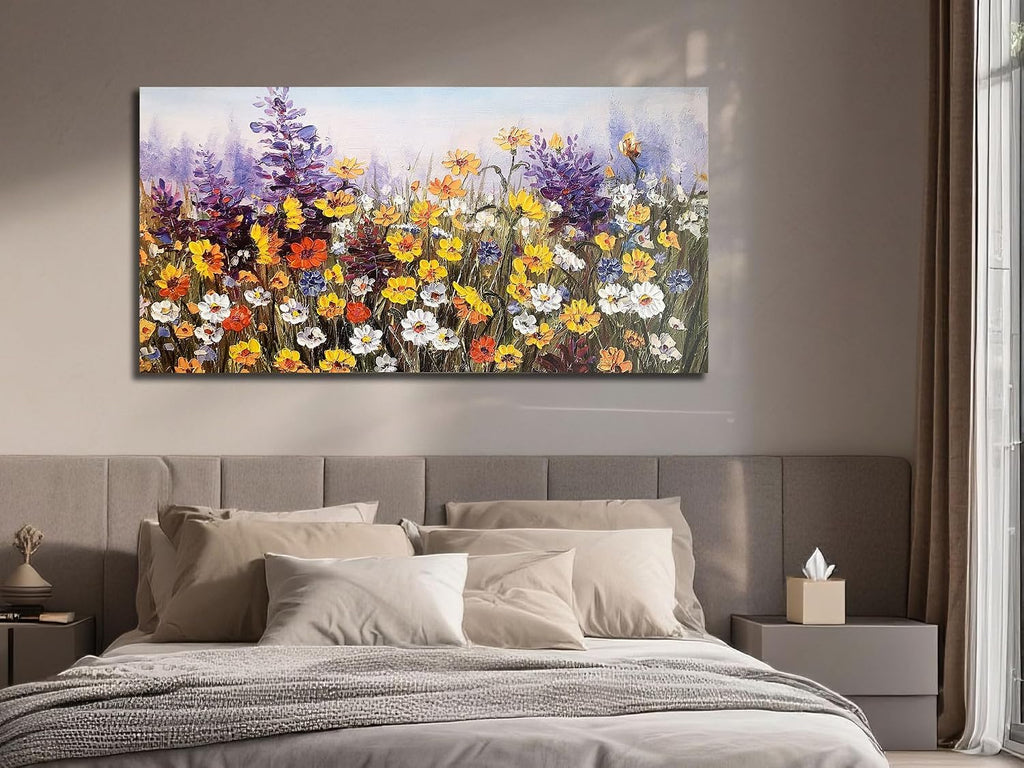 Ardemy Flower Canvas Wall Art for Living Room Extra Large Daisy Colorful Textured Picture Bedroom, Wildflower Painting Purple Yellow Floral Artwork Framed for Home Office Wall Decor 58'x29'