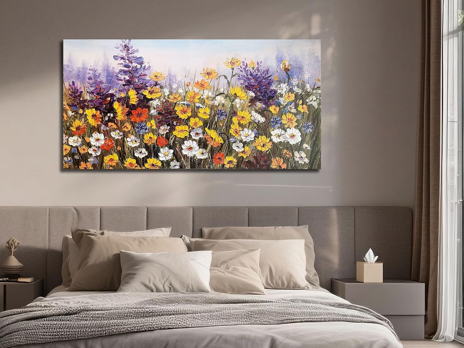 Ardemy Flower Canvas Wall Art for Living Room Extra Large Daisy Colorful Textured Picture Bedroom, Wildflower Painting Purple Yellow Floral Artwork Framed for Home Office Wall Decor 58'x29'