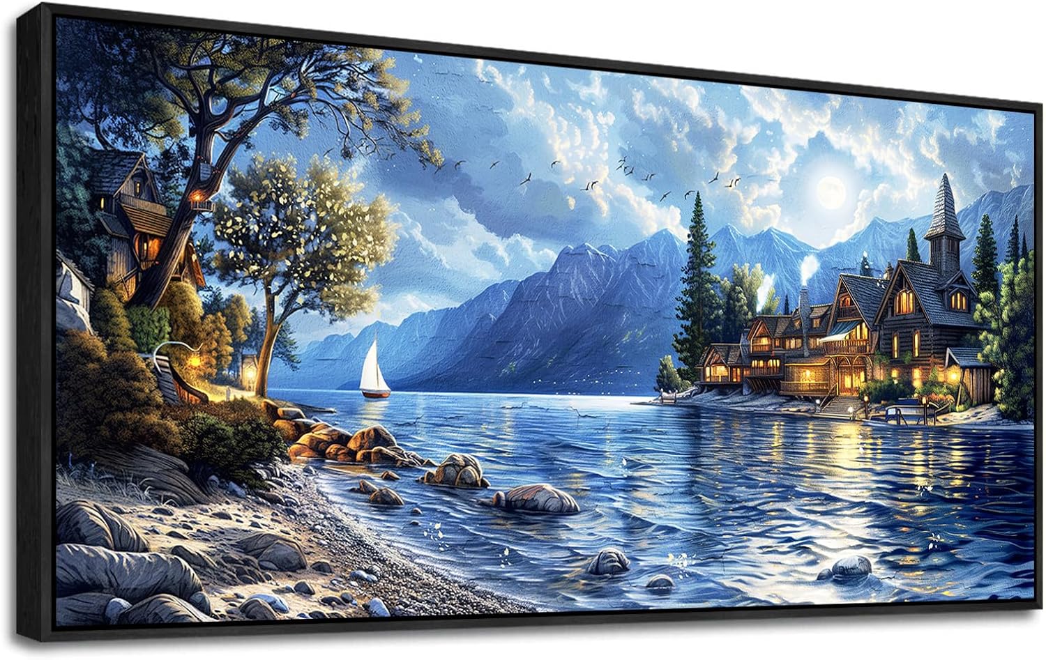 XIGUANGART Coastal Wall Art Blue Ocean Picture Mountain Wall Decor Lake Beside Countryside Large Canvas Print Art for Living Room Bedroom Home Office Forest Scenery Painting Decoration Framed Artwork