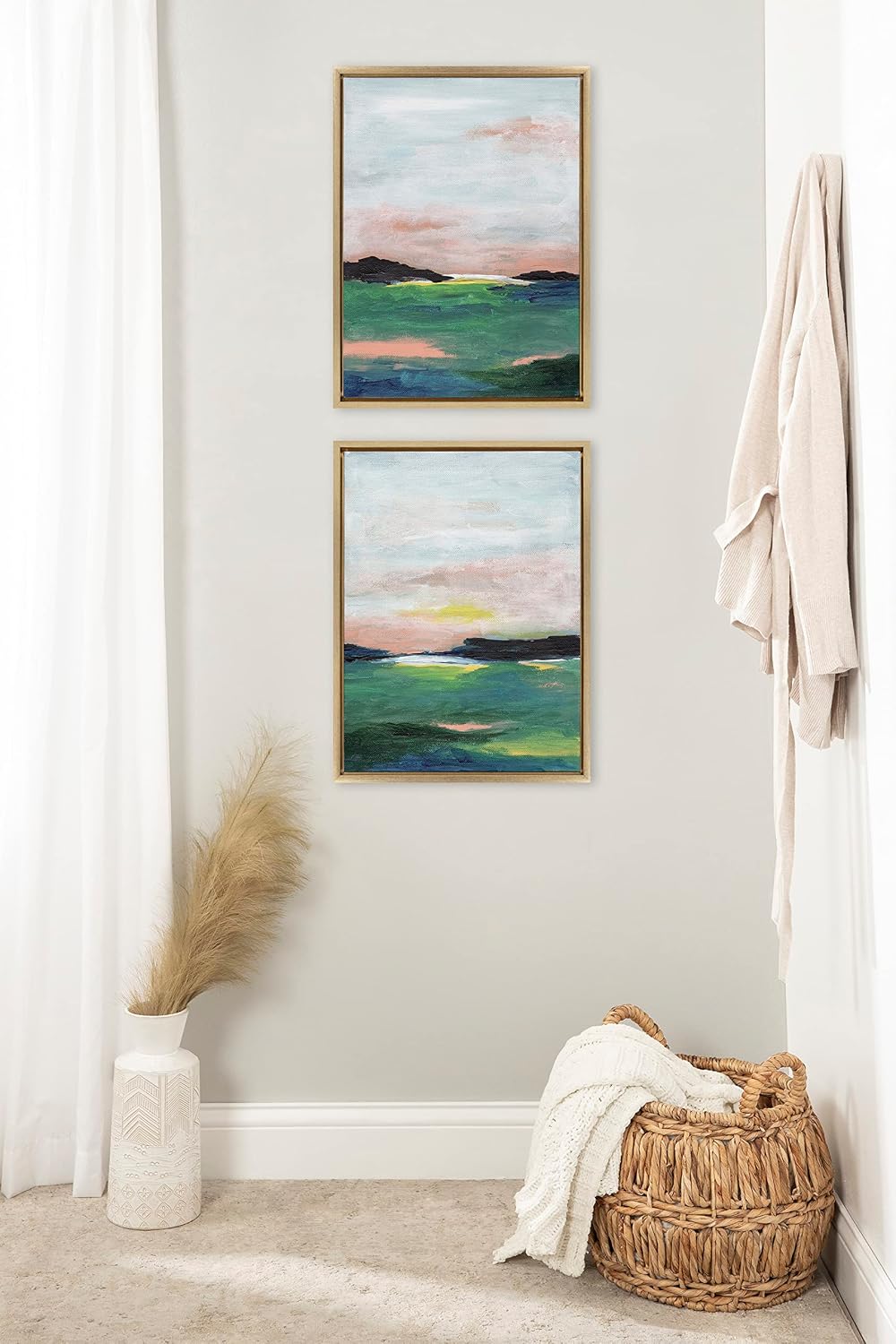 Kate and Laurel Sylvie Golden Peach Coast l and II Framed Canvas Wall Art Set by Nikita Jariwala, 2 Piece Set 18x24 Gold, Soft Abstract Prairie Landscape Art for Wall Decor