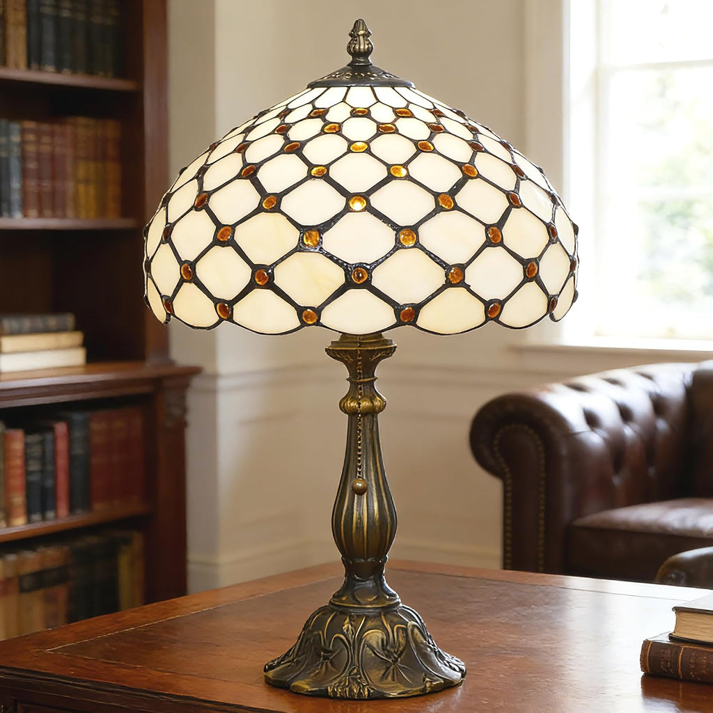 Tiffany Lamp Stained Glass Table Lamp Antique Bedside Reading Light W12H19 Inches (Cream Amber Pearl)