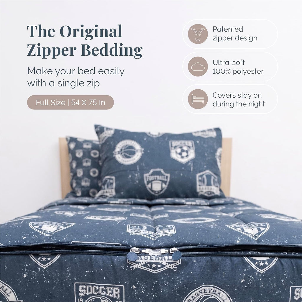 Beddy's Sports Theme Durable Zipper Bedding for Kids - Bed in a Bag - Blue Sheets with Baseball, Football, Basketball, Soccer Comforter - Includes Pillowcase & Sham - Easy to Make & Wash - Full