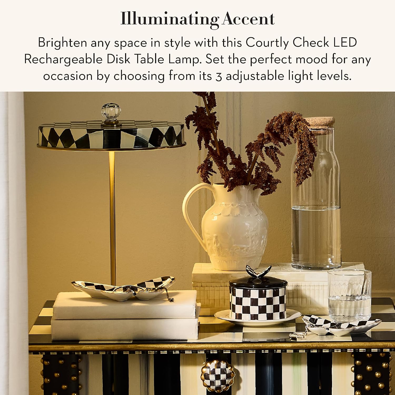 MACKENZIE-CHILDS LED Rechargeable Disk Table Lamp, Cordless Touch Lamp, Black-and-White Courtly Check