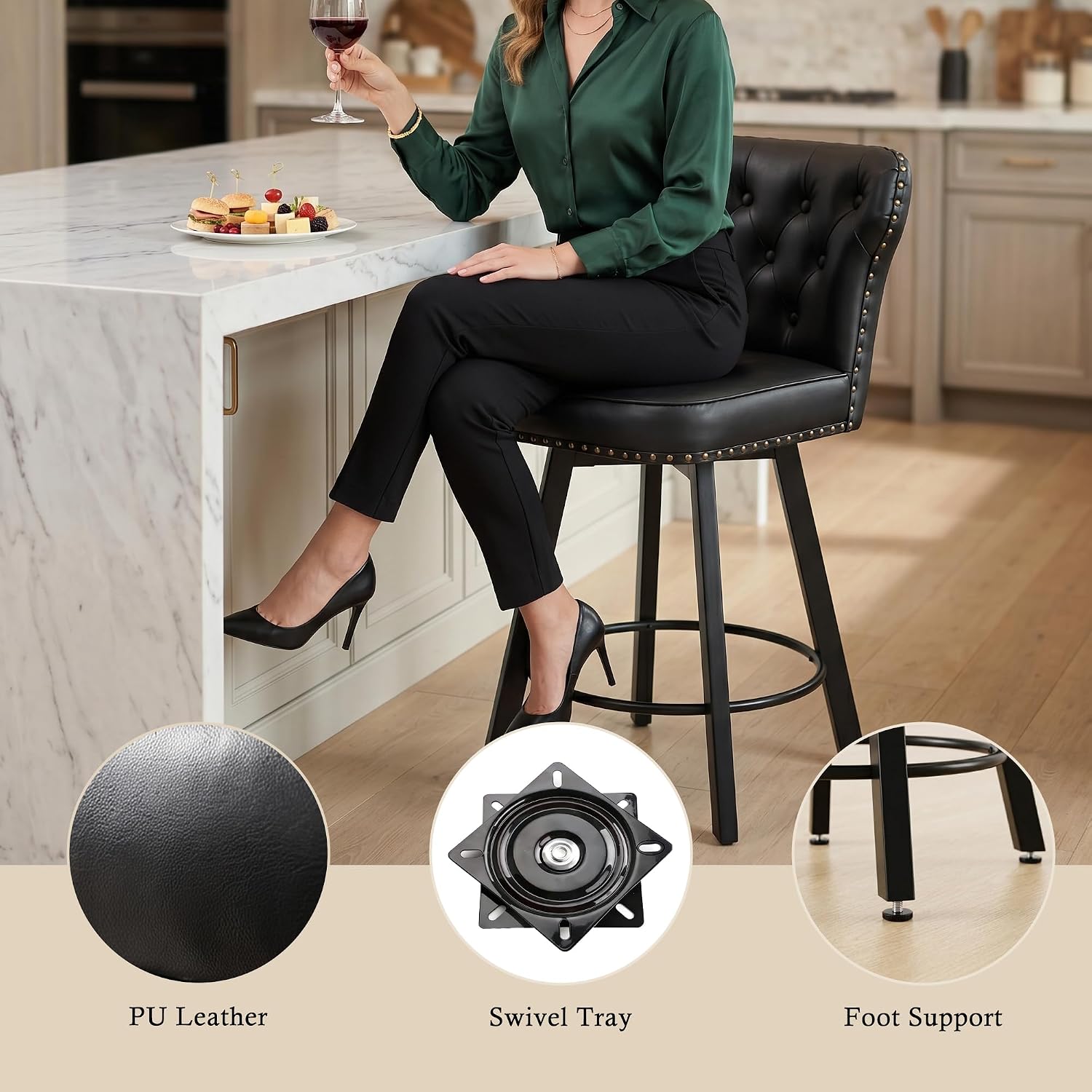 Counter Height Bar Stools, 26' Mid-Century Swivel Bar Stool with Metal Base for Kitchen Island, Rivet Armless Faux PU Leather Barstool with High Back and Large Thick Cushion, Black