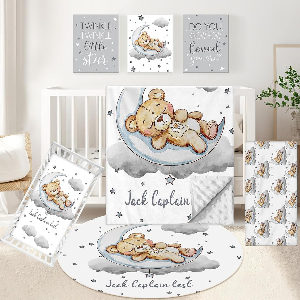 KAINSY Personalized Crib Set, 5 Pcs Custom Baby Bedding with Name, Double Layer Nursery Bedding for Boy Girl, Soft Moon Bear Bedding Set, Gifts for Toddler, Infant, New Parents