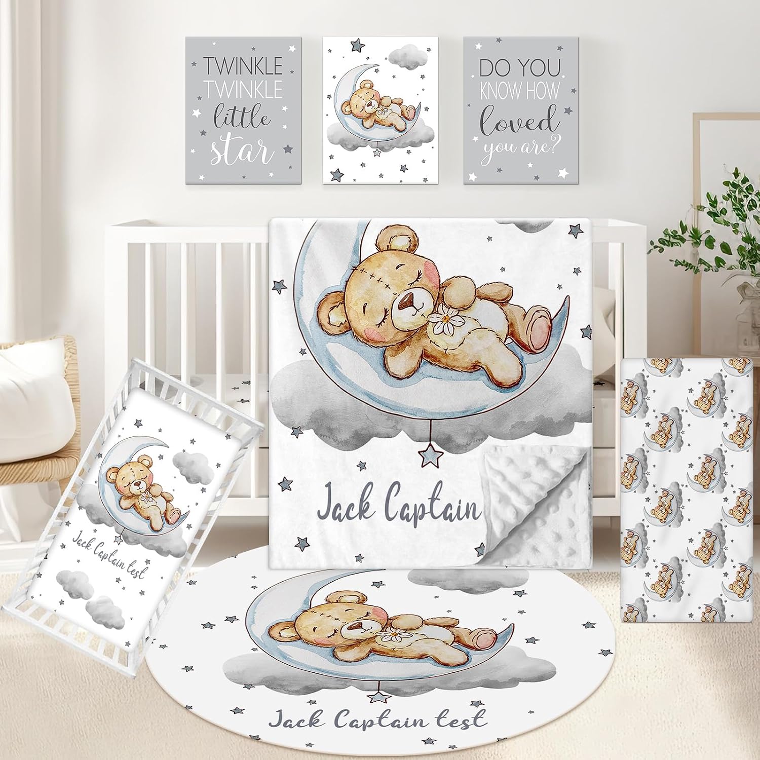 KAINSY Personalized Crib Set, 5 Pcs Custom Baby Bedding with Name, Double Layer Nursery Bedding for Boy Girl, Soft Moon Bear Bedding Set, Gifts for Toddler, Infant, New Parents