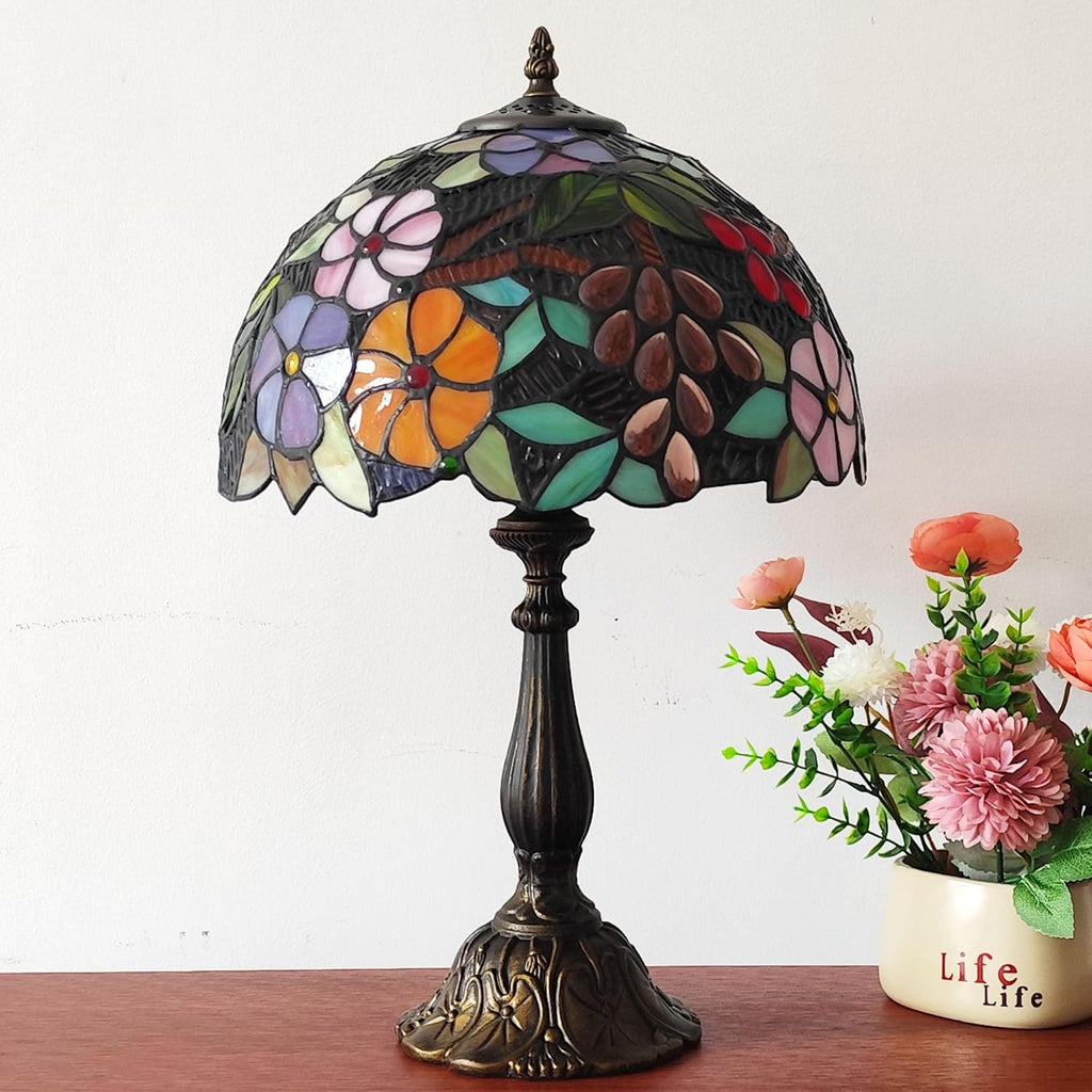 Tiffany 3-Color Stained Glass Lamp - Vintage Beside Reading Lamp, 12 inch Living Room Light, Flowers Style Antique Nightstand Light (Grapes Flowers)