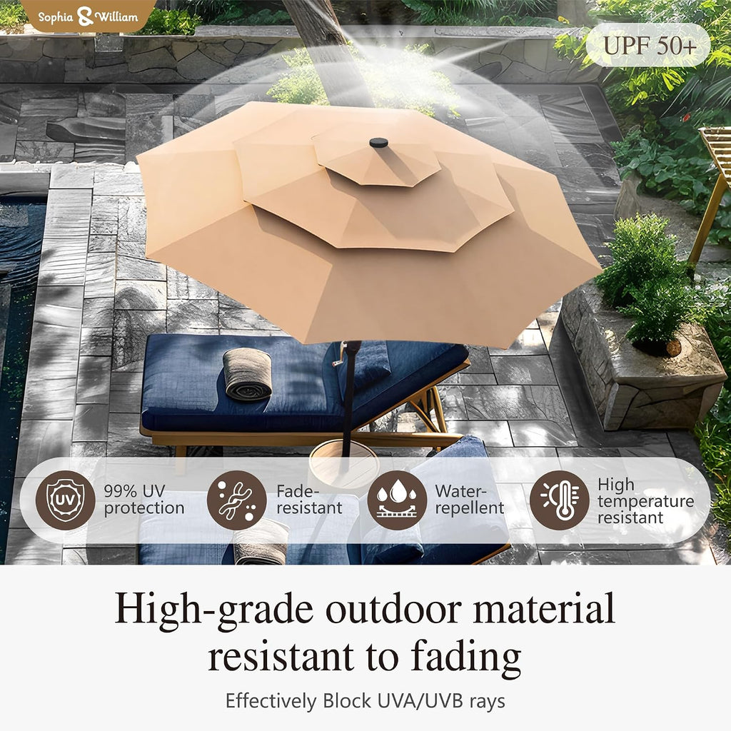 Sophia & William 10ft Patio Umbrellas 3-Tier Umbrella Outdoor Patio Umbrellas with Lights Vented Top 24 LED lights Adjustable Tilt for Pool Garden Backyard, Beige