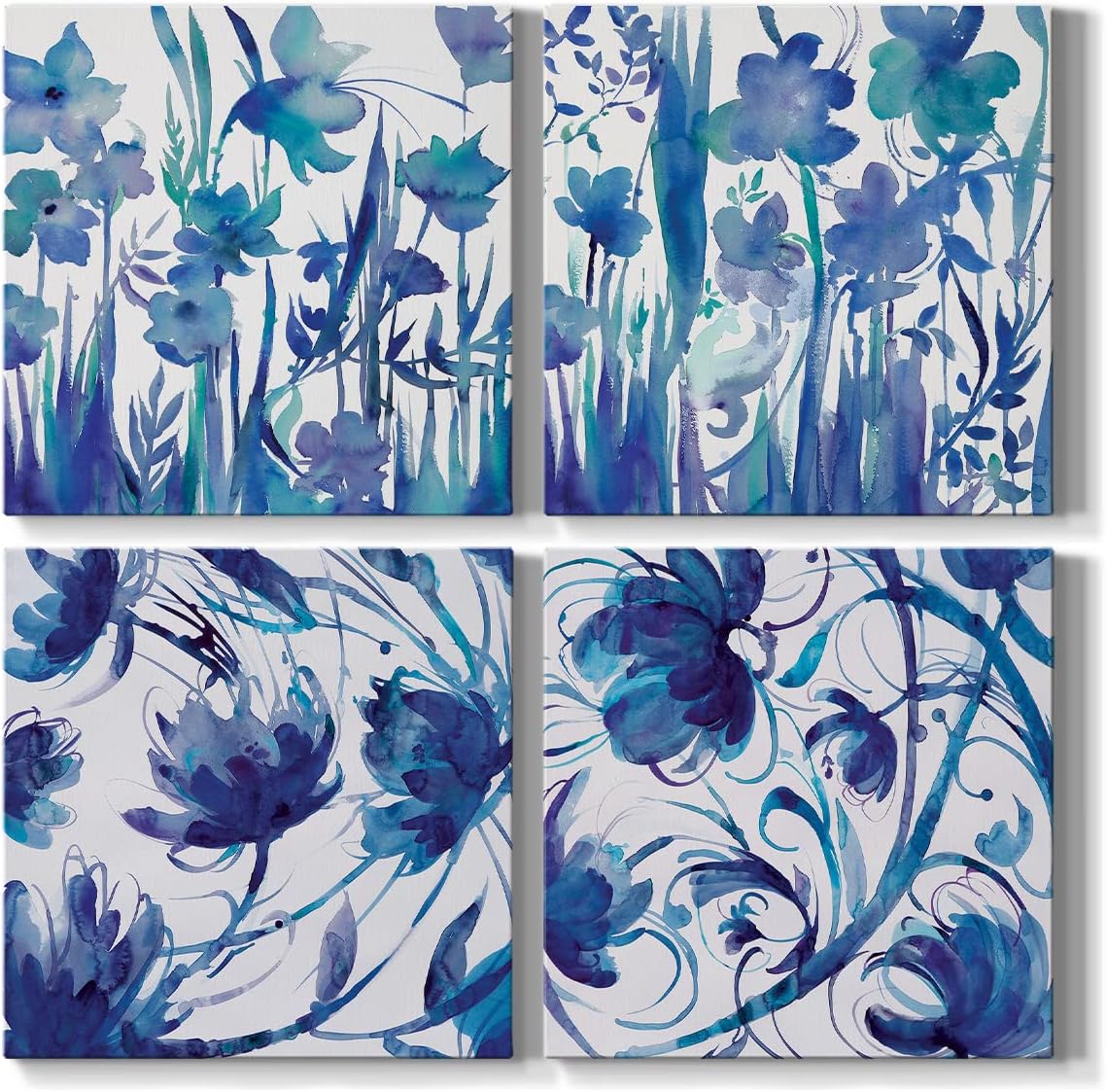 Renditions Gallery Bedroom Wall décor Blue Flower Wall Art 4 Pieces Set, 32 x 32 inches Each, Modern Abstract Painting Canvas Prints Artwork for Home, Office, Cabin, Guest Room