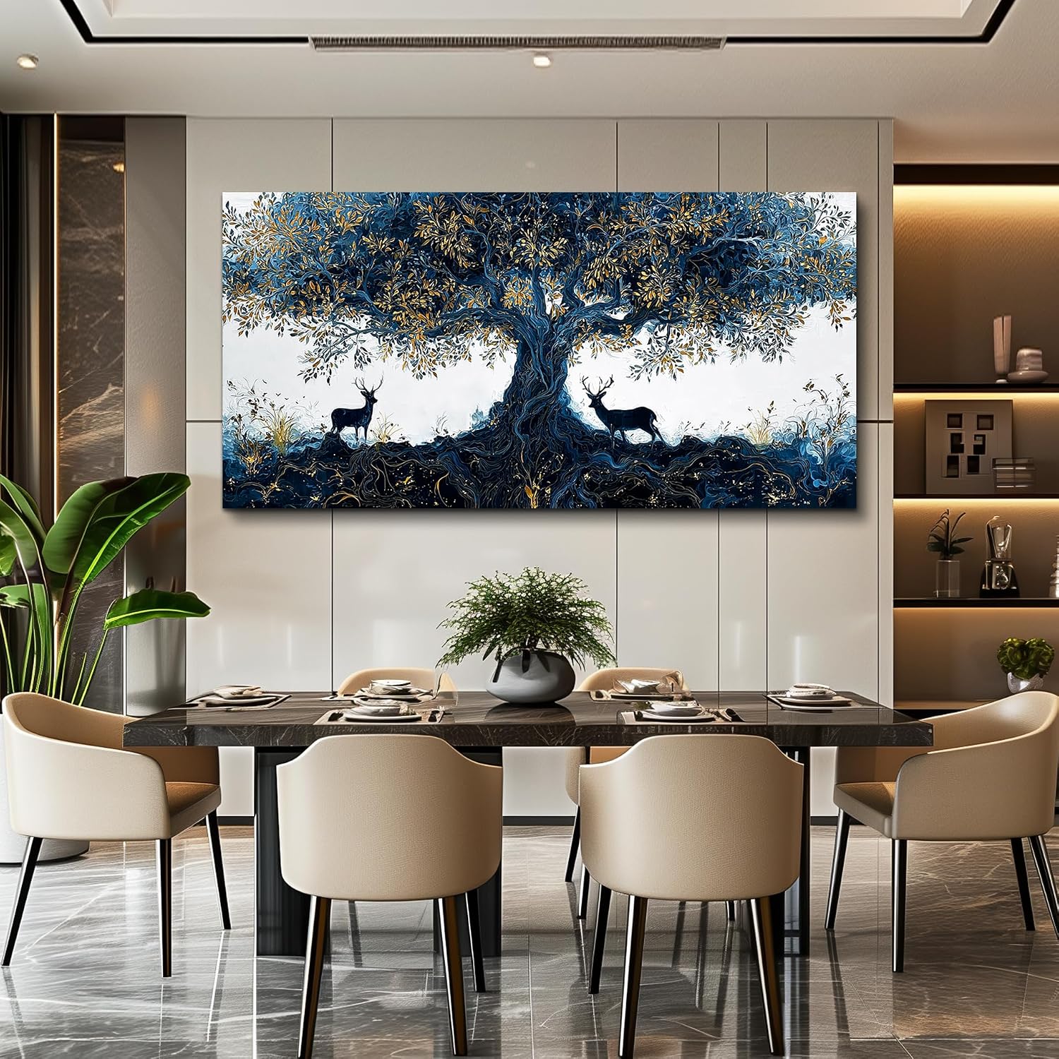 XIGUANGART Blue Tree of Life Wall Art, Large Pictures Wall Art for Living Room, Deer Oversized Wall Decor Elk Animal Canvas Print Painting Modern Extra Large Framed Artwork for Bedroom Office 60'x30'