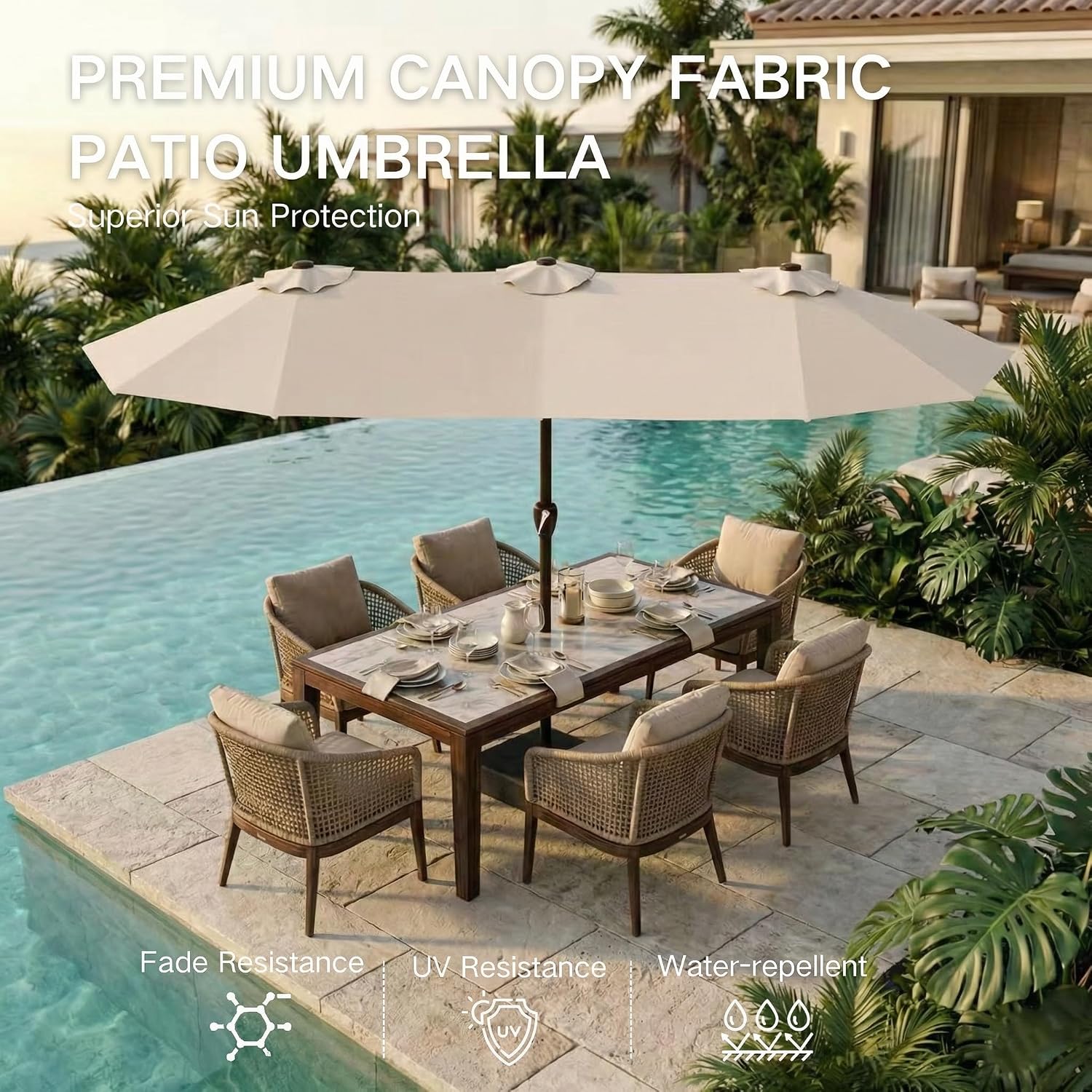 Kingdura 15ft Large Patio Umbrella with Base Included, Double-Sided Rectangle Outdoor Table Umbrella with 12 Reinforced Ribs, Crank Lift for Market Pool Deck Backyard, Beige