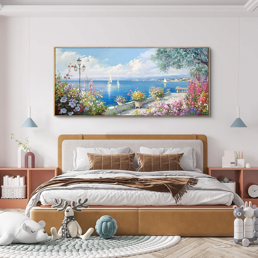 XLSJERST Coastal Wall Art for Living Room - Extra Large 70x31 Inches Ocean Seascape Canvas Beach Painting Landscape Sailboat Picture Modern Artwork Framed for Bedroom Office Home Decor