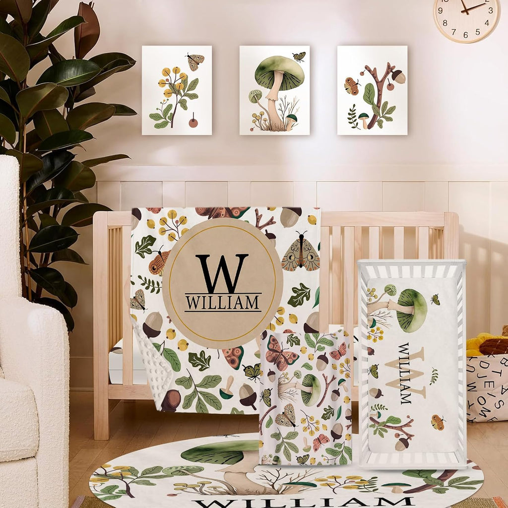 TOOTANN Custom Baby Crib Bedding Set, 5 Pcs Personalized Name Baby Crib Sheets for Kid Toddler Infant, Leaves and Butterflies Nursery Bedding Set