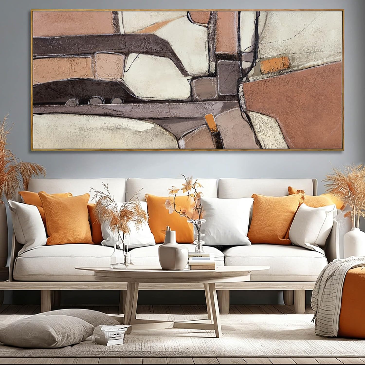 ZENPEE Brown & Grey Abstract Canvas Wall Art 32x71, Neutral Off-White Geometric Design with Wooden Frame, Modern Oversized wall art for living room