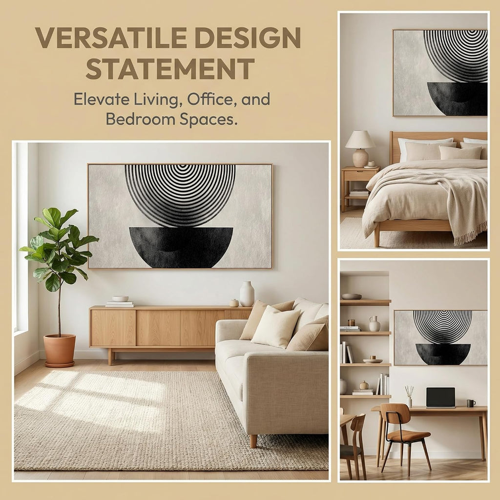 Abstract Geometric Wall Art, Black and White Concentric Circles Design, Modern Minimalist Neutral Framed Canvas Print Artwork Home Decor for Bedroom Living room 30 x 58 inch
