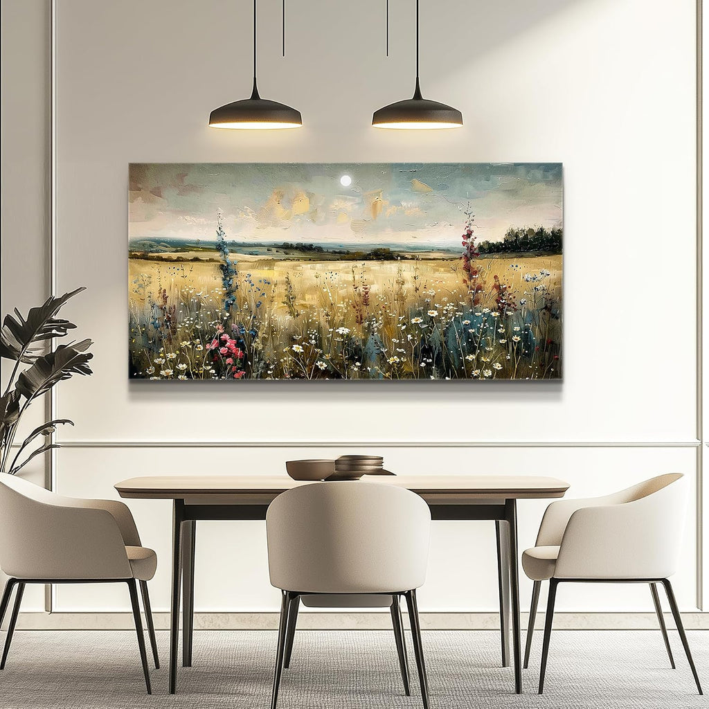 KELIYUAN Large Vintage Natural Field Landscape Painting Home Decor Farmhouse Vintage Meadow Wildflowers Modern Printed Artwork Living Room Decor Bedroom Office Can Be Hung Directly 30 X 60 Inches