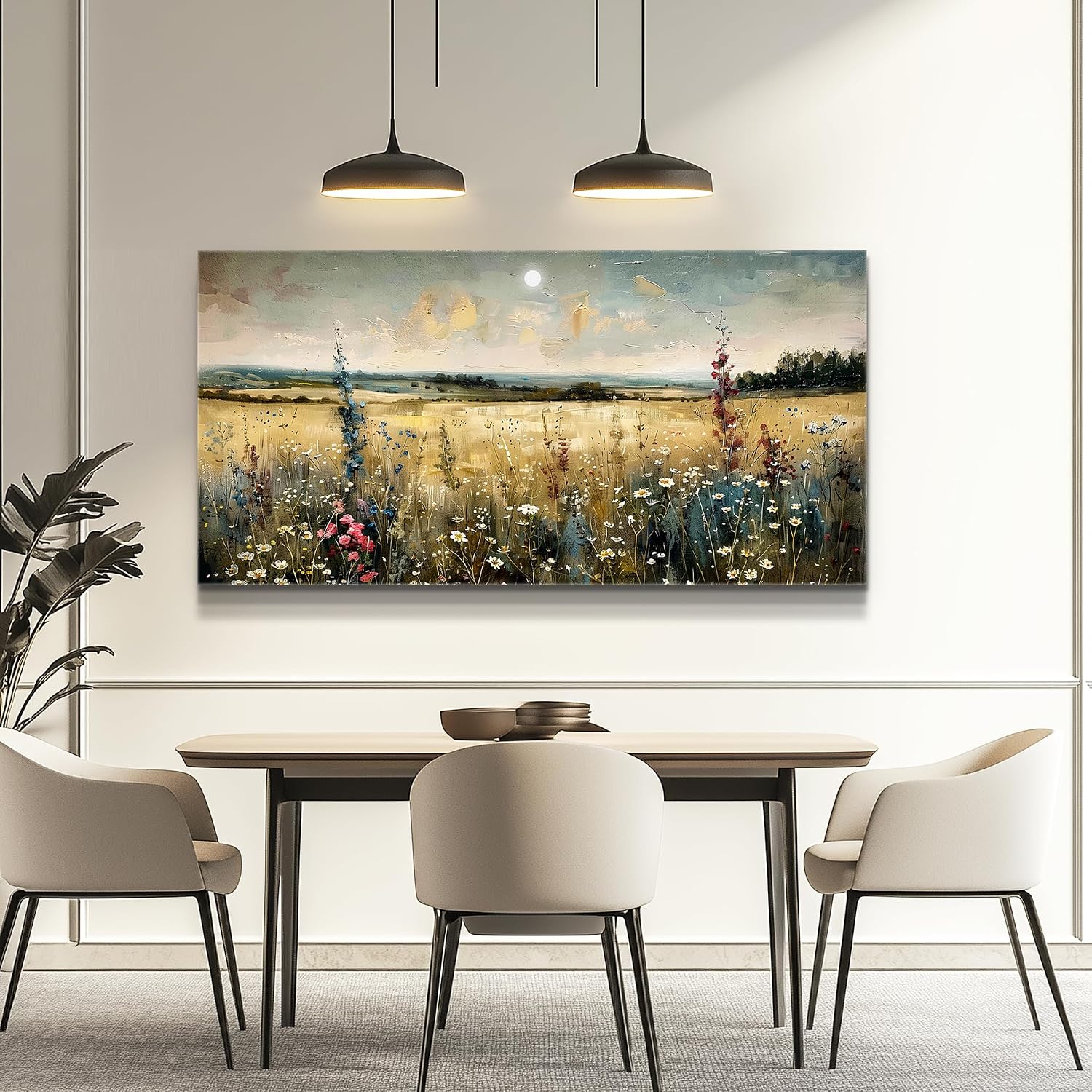 KELIYUAN Large Vintage Natural Field Landscape Painting Home Decor Farmhouse Vintage Meadow Wildflowers Modern Printed Artwork Living Room Decor Bedroom Office Can Be Hung Directly 30 X 60 Inches