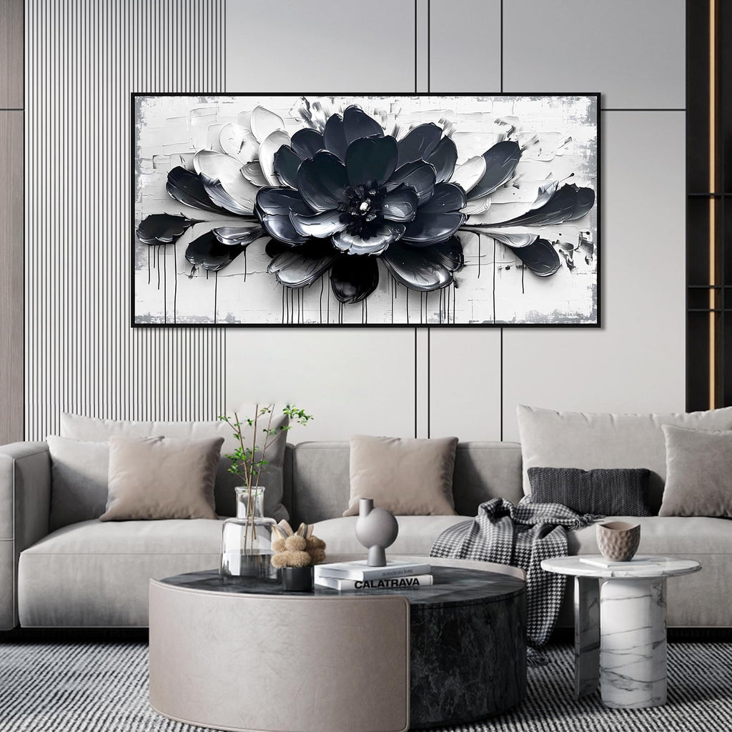 Flower Wall Art for Lving Room, Blue Black and White Canvas Wall Decor for Bedroom, Floral Picture Print Artwork for Office, Size 59 x 29 Inches Framed