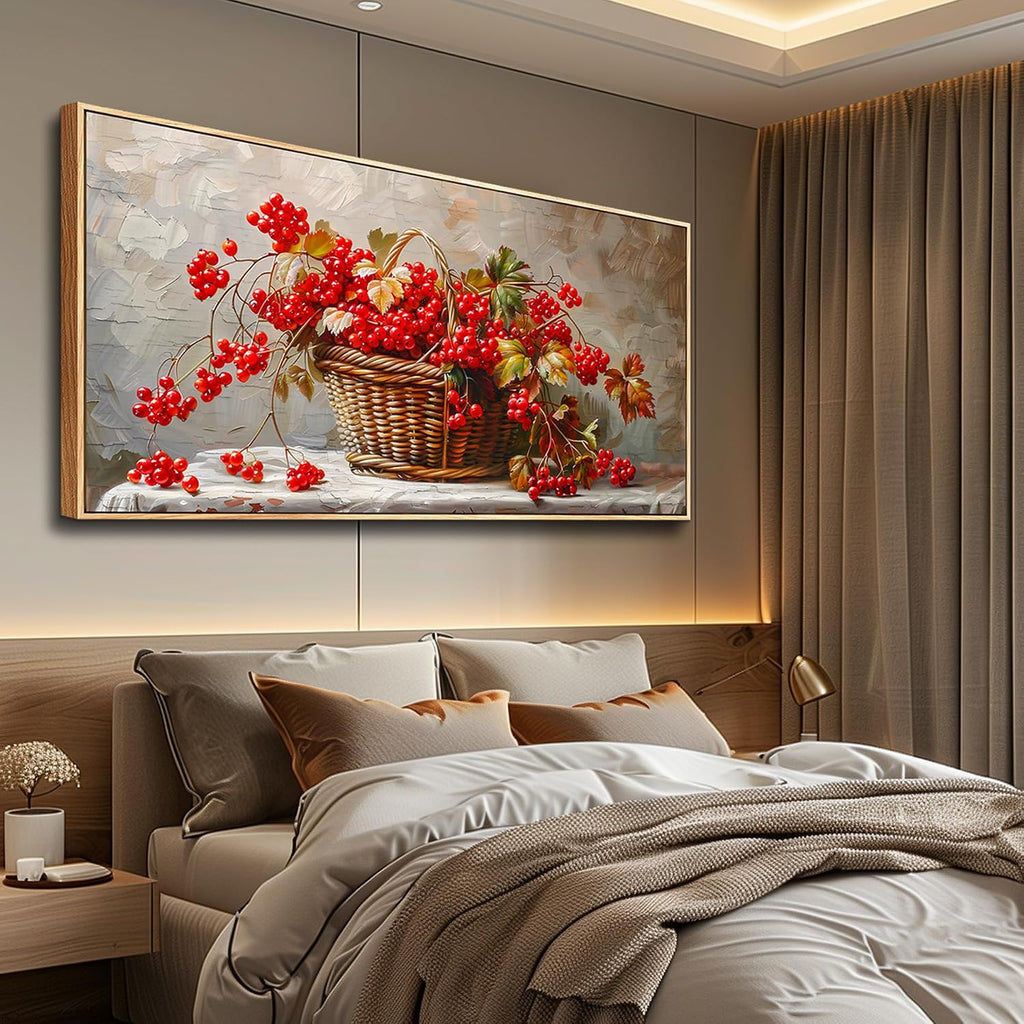 PHAOHUAXM Canvas Wall Art For Living Room Restaurant Wall Decoration For Office Bedroom Bathroom Abstract Red Fruit Mural Wooden Frame Printing Picture Artworks Modern Home Decor Aesthetics 24'X48'