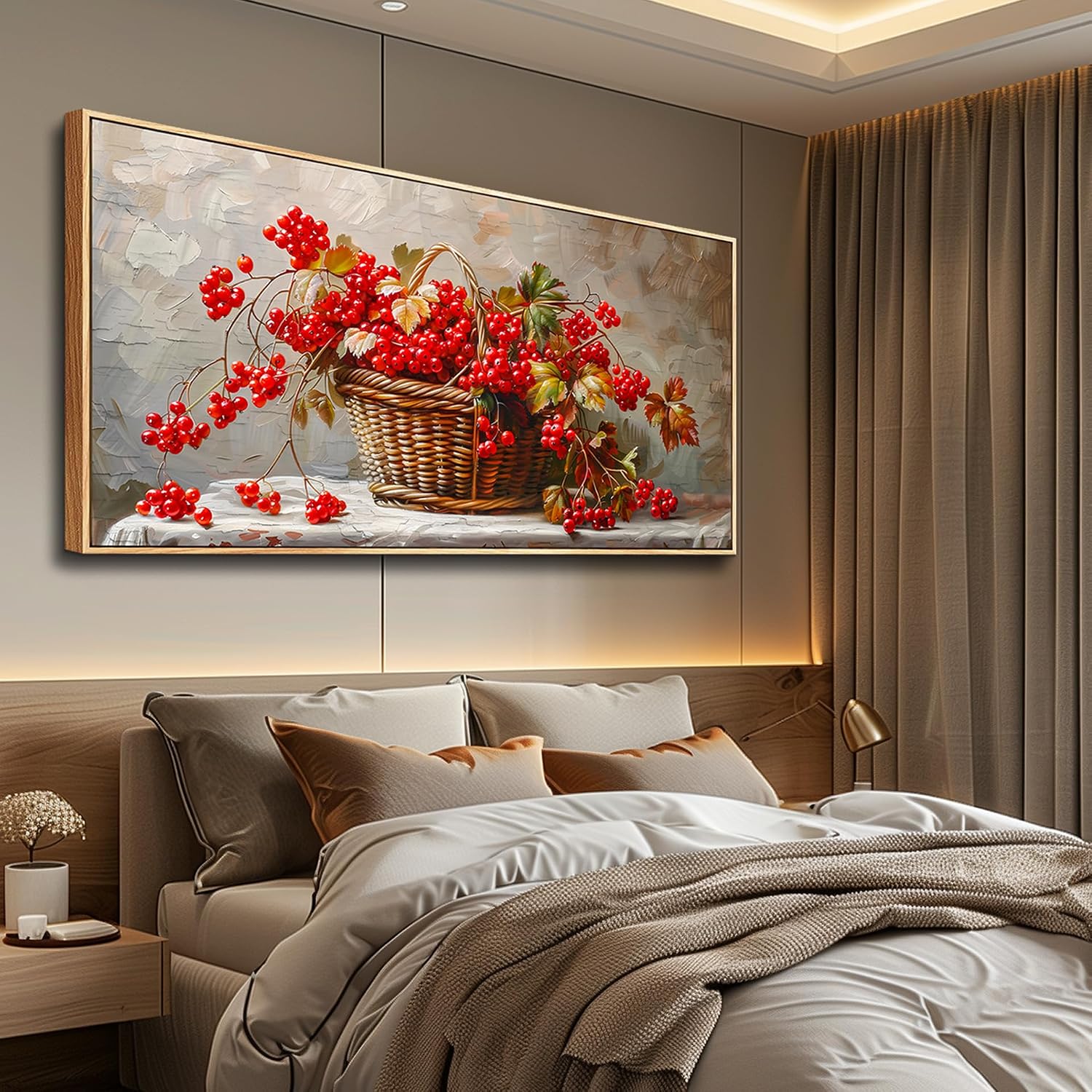 PHAOHUAXM Canvas Wall Art For Living Room Restaurant Wall Decoration For Office Bedroom Bathroom Abstract Red Fruit Mural Wooden Frame Printing Picture Artworks Modern Home Decor Aesthetics 24'X48'