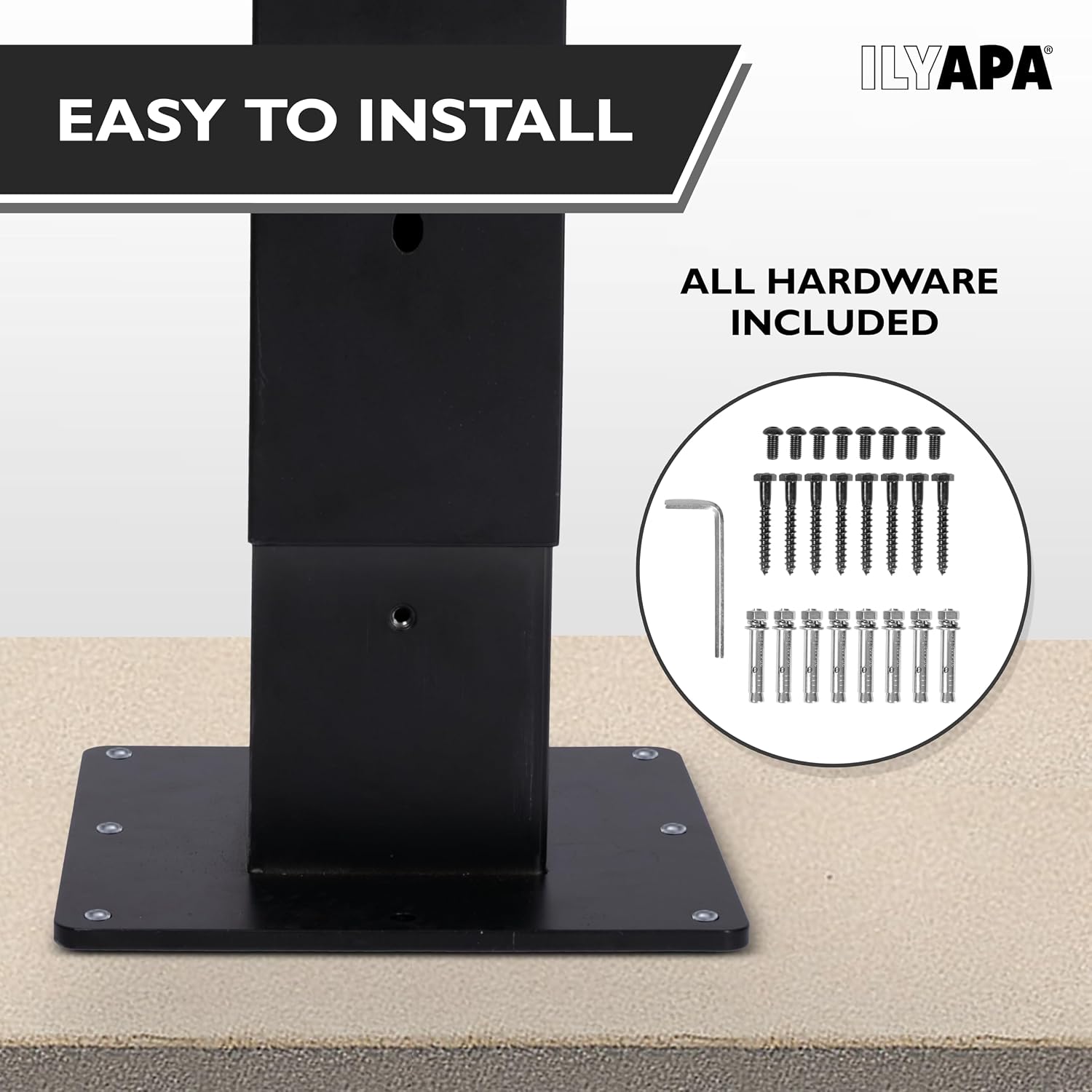 Ilyapa Black Mailbox Post & Mounting Plate Kit: 43x4x4 Metal Sleeve for Residential Curbside Mailboxes with Universal Brackets, No Wood Required