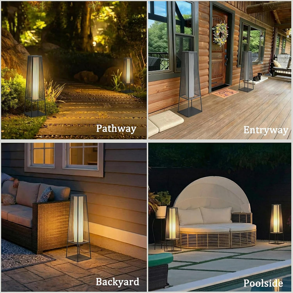 Outdoor Floor Lamp Set of 2, Rattan Solar Lanterns Outdoor Waterproof for Balcony, Deck, Garden & Patio (Gray)