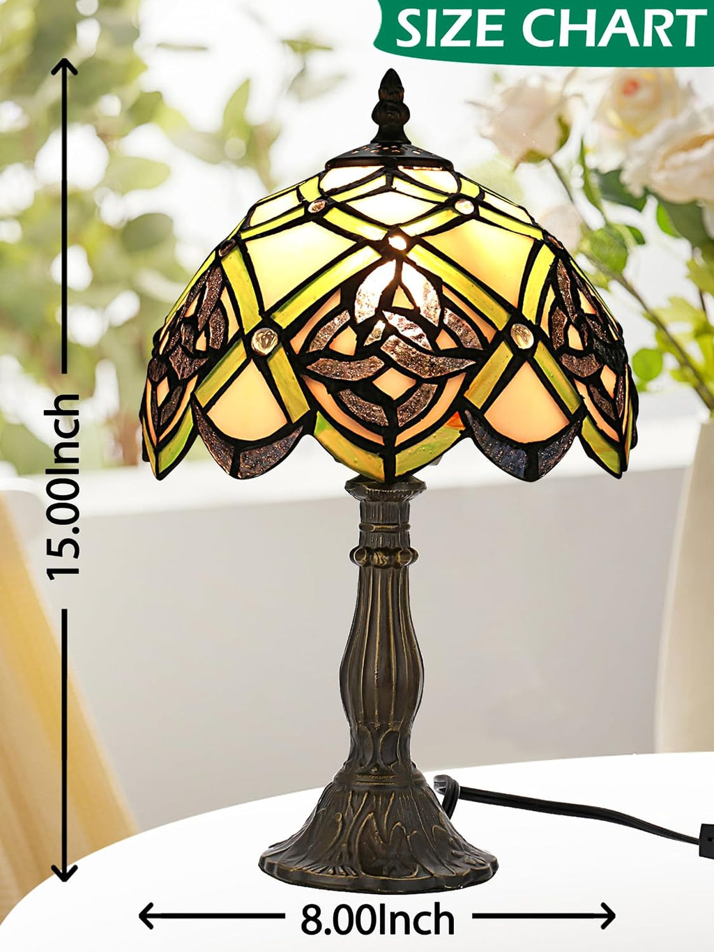 KY&BOSAM Irish Celtic Tiffany Table Lamp Shamrock Style Stained Glass Desk Lamp Night Light 14 Inch Tall 8 Inch Wide Shade Beside Lamp 1 Bulb Antique Zinc Base for Home Bedroom St Patrick's Day Decor