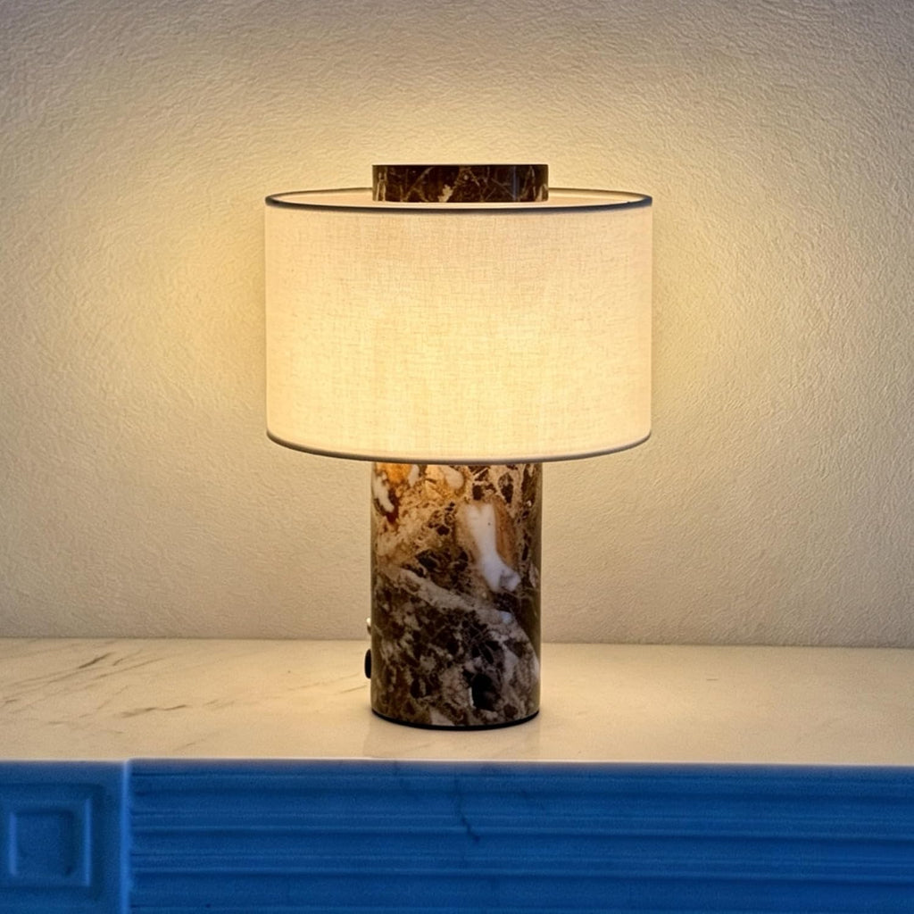 BSOD Marble Lamp, Stone Table Lamps Collection - Modern Cylindrical Lampshade Cordless Luxury Design Bedside Lamp for Home Decor, Bedroom, Living Room & Office (Plug-in Emperador Dark Lamp)