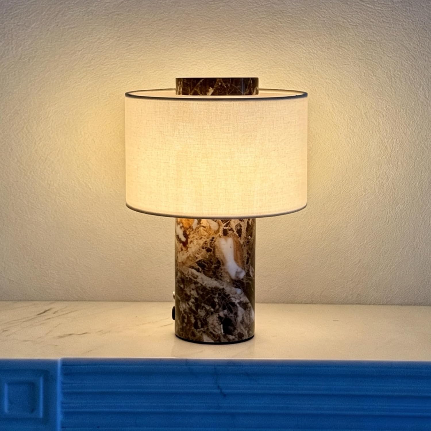 BSOD Marble Lamp, Stone Table Lamps Collection - Modern Cylindrical Lampshade Cordless Luxury Design Bedside Lamp for Home Decor, Bedroom, Living Room & Office (Plug-in Emperador Dark Lamp)