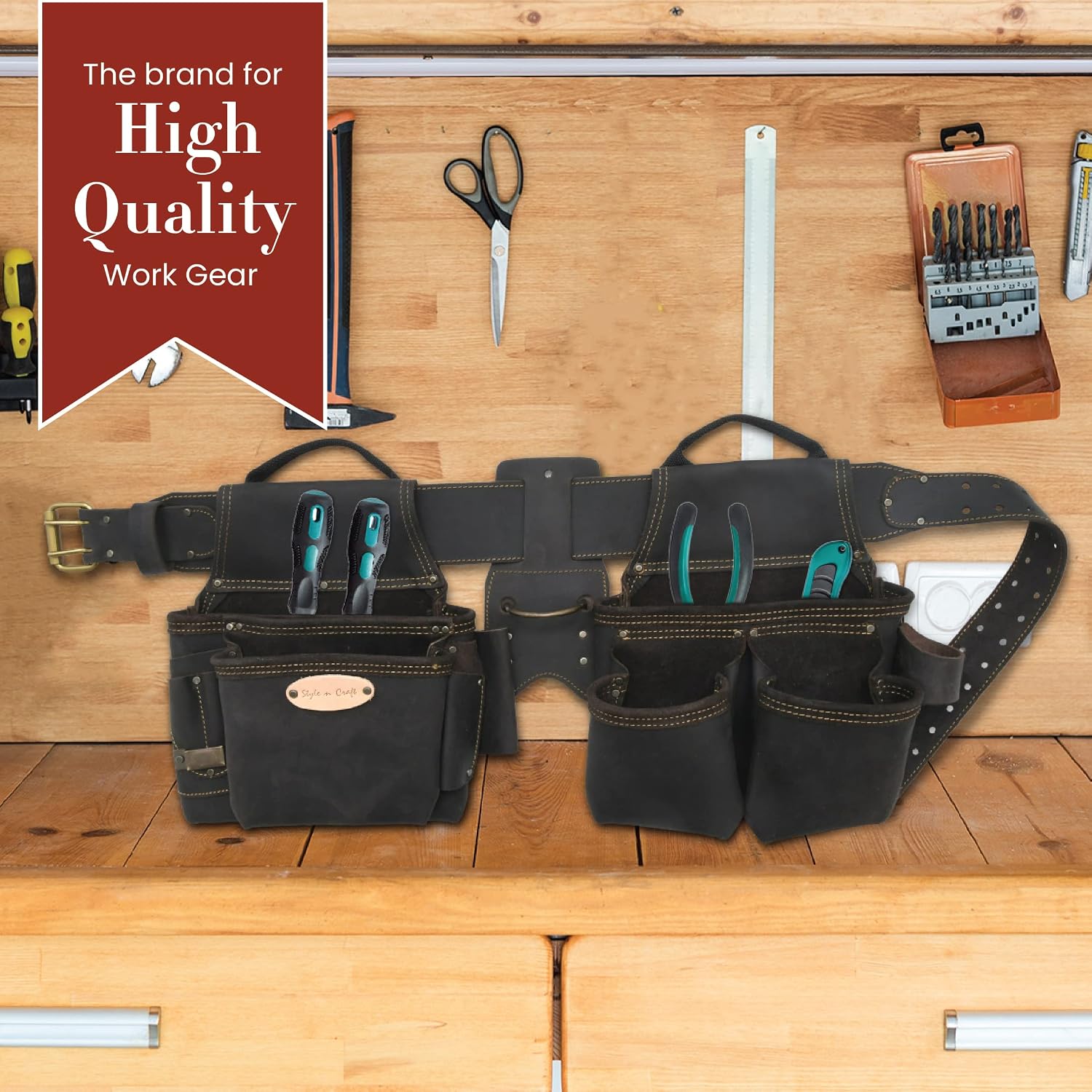 Style n Craft 4-Piece and 17-Pocket Pro Framer's Combo, Tool Belt with 2 Tool Pouches and 1 Hammer Holder, Full-Grain Oiled Leather Tool Belt, Dark Brown (90429)