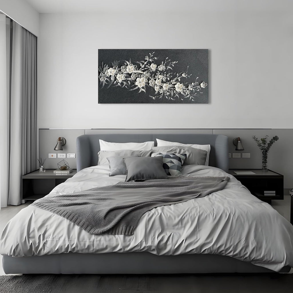 Hand Painted Modern Black and White Art Oil Painting White Plum Blossom Painting 24x48 inch Canvas Wall Art Home Wall Decorative Art