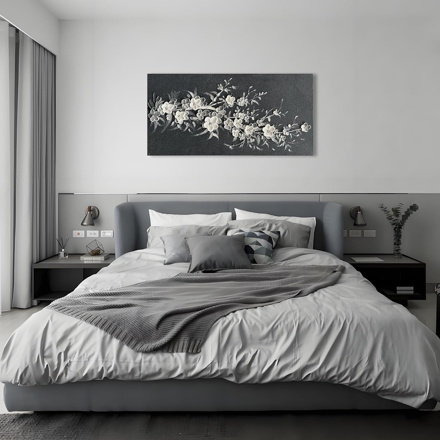 Hand Painted Modern Black and White Art Oil Painting White Plum Blossom Painting 24x48 inch Canvas Wall Art Home Wall Decorative Art