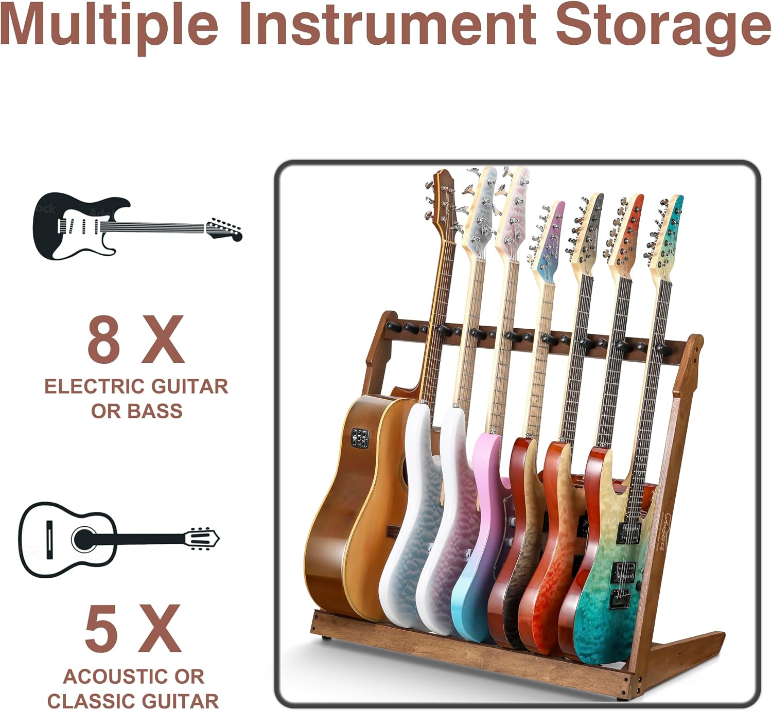 Guitar Stand for Multiple Guitars,Multi Wood Guitar Rack for 5 Acoustic Guitar, 8 Electric or Bass,18mm-thick wooden plank