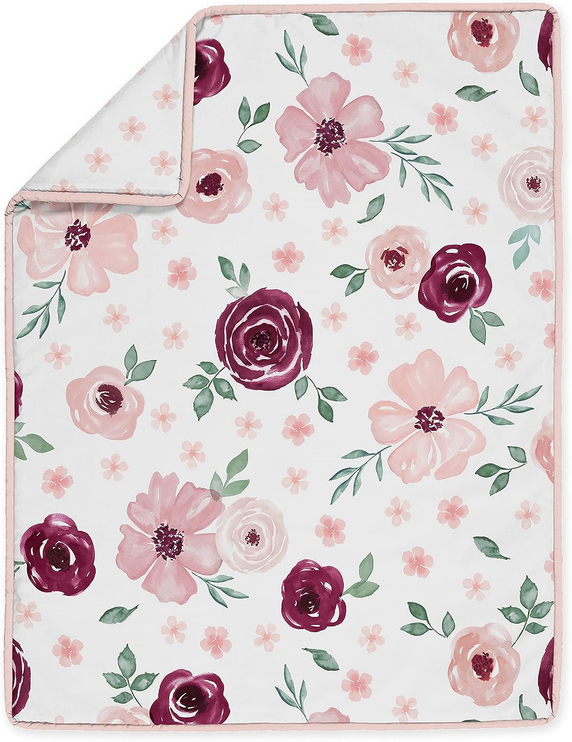 Sweet Jojo Designs Burgundy Watercolor Floral Baby Girl Nursery Crib Bedding Set - 4 Pieces - Blush Pink, Maroon, Wine, Rose, Green and White Shabby Chic Flower Farmhouse