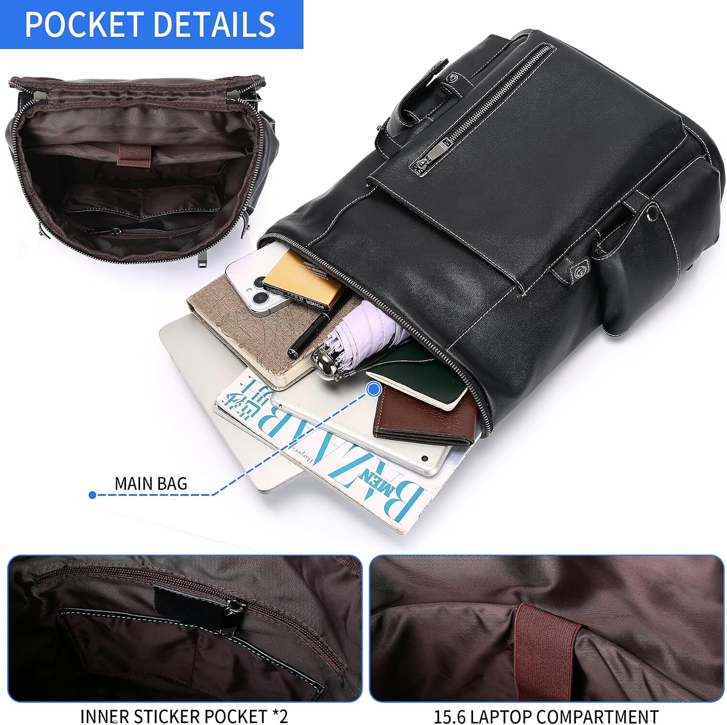 Nappa Genuine Leather Backpack for Men Multi-Functional 15' Laptop Backpack, Black Business Casual Travel Backpack Work Daypack