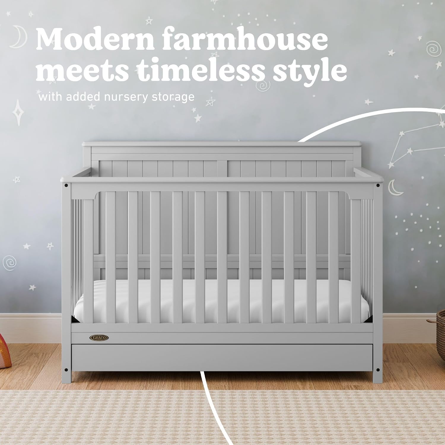 Graco Hadley 5-in-1 Convertible Crib with Drawer – GREENGUARD Gold Certified, Fits Standard Crib Mattress, Converts to Toddler Bed, Daybed and Full Bed, 4 Adjustable Mattress Heights (Pebble Gray)