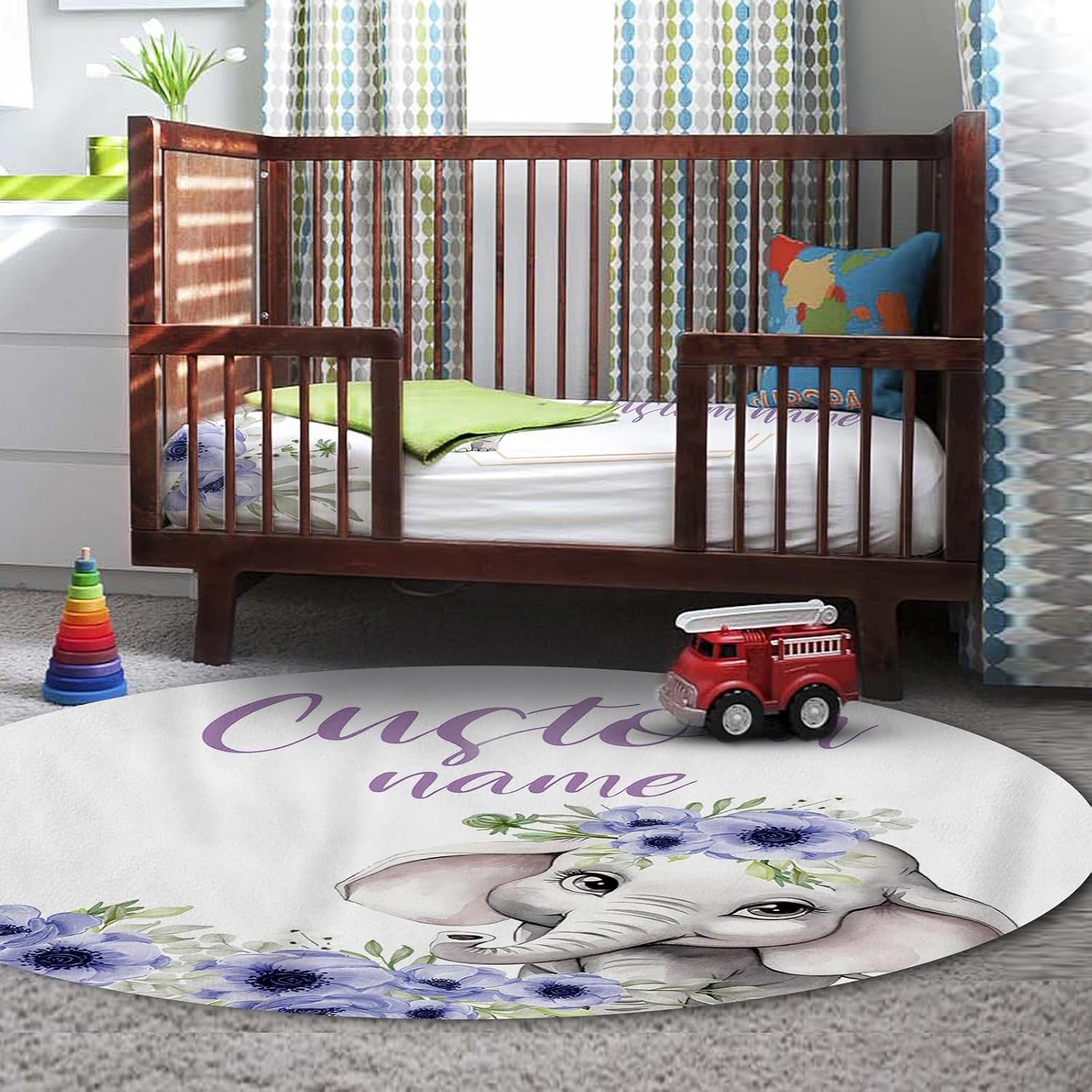 Personalized Baby Crib Bedding Set for Baby Girls, Purple Flower Pattern Elephant Theme Custom Name Baby Crib Sets 5-Pcs, Toddler Double Layer Blanket Fitted Sheets Changing Pad Cover Rug Wall Art Set