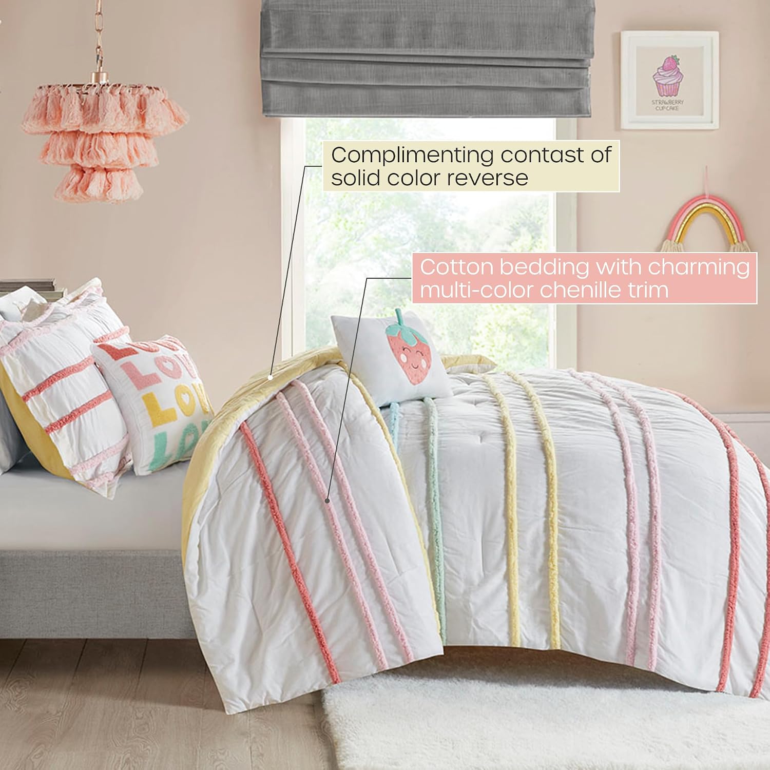 Intelligent Design Kids Twin Comforter Set, Cotton Comforter Set, Casual Fun Colors Chenille Stripes, All Seasons Fluffy Comforter Bed Set, 1 Sham, 2 Decor Pillows, Haisley, Twin, Pink Multi 4 Piece