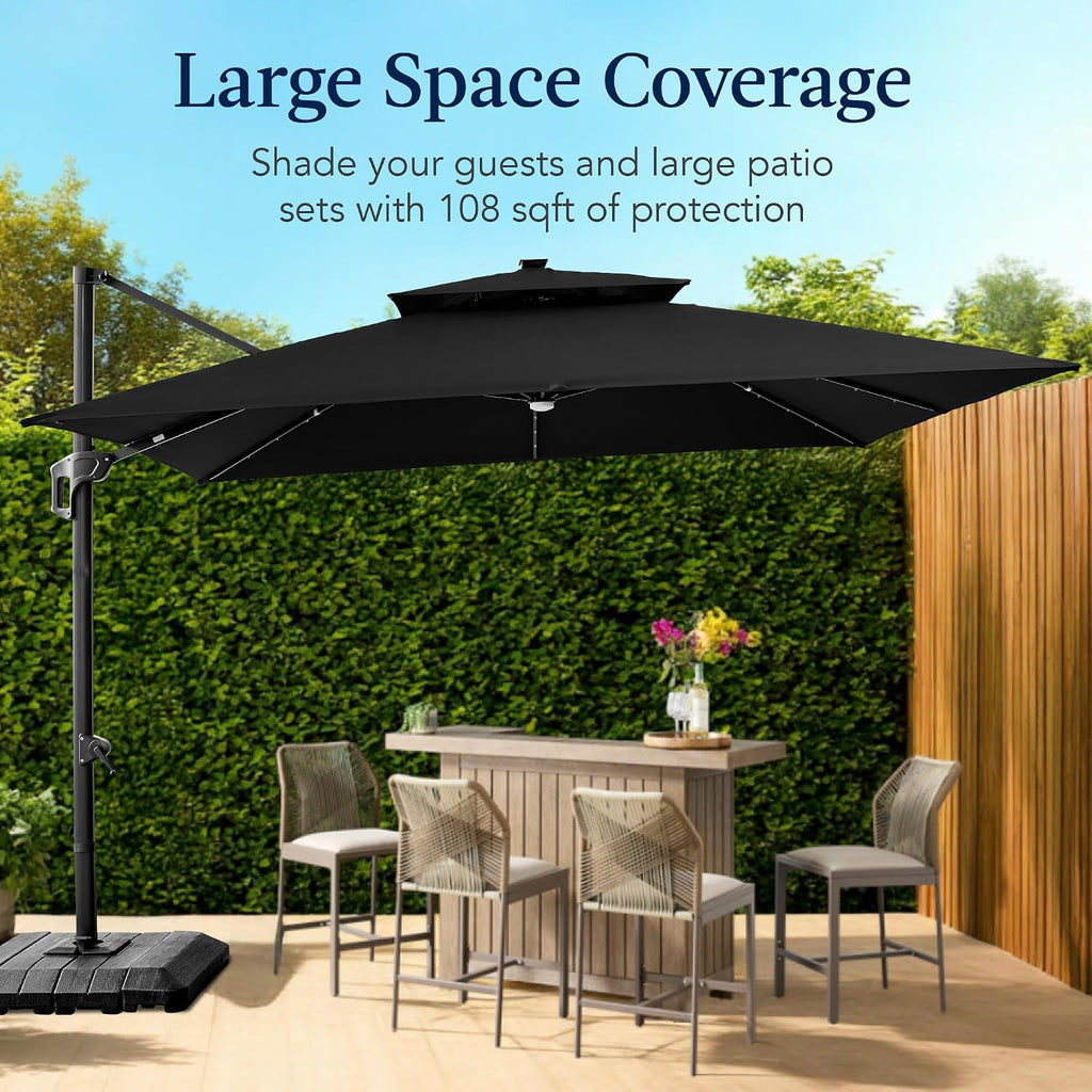 Best Choice Products 9x12ft LED Cantilever Patio Umbrella w/Base Included & 360° Rotation, Large Solar Offset Hanging Outdoor Sun Shade for Deck, Backyard Table w/Stand & Lights – Black