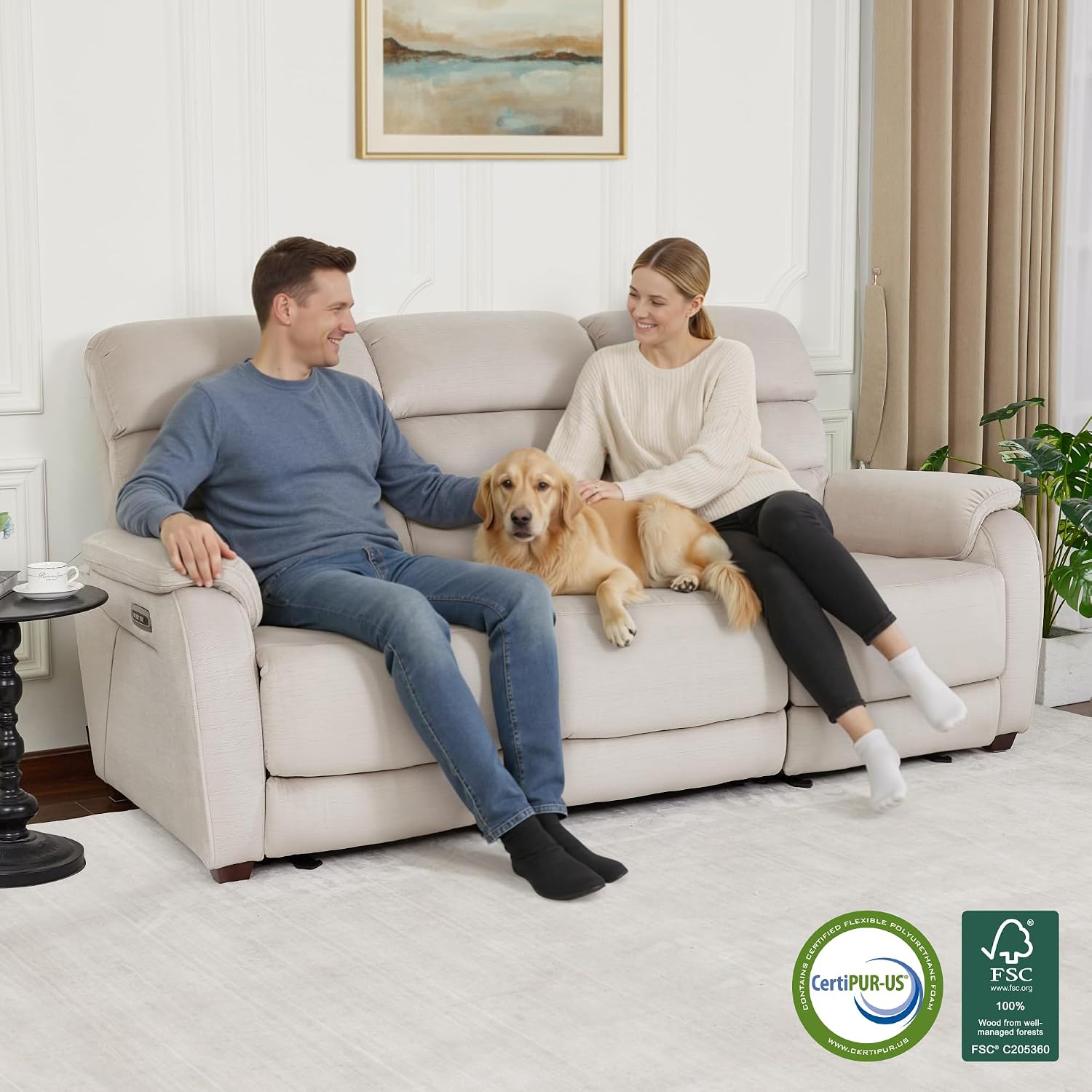 MCombo 87.2'' Wall Hugger Power Recliner Sofa with Drop Down Table, Reclining Sofa with Adjustable Headrest, USB Charge Ports, Reading Lamp, for Living Room, RVs, Fabric, ST258M3 (3-Seater, Beige)