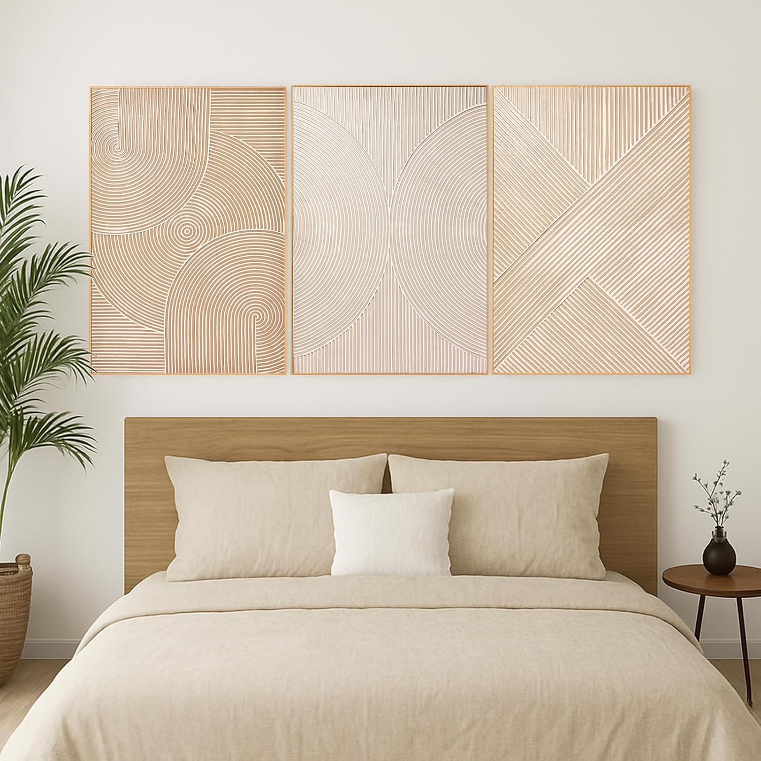 Zessonic Large Textured 3D Wall Art Neutral Set of 3-24'x36' Hand-Painted Abstract Canvas Framed Paintings Brown for Living Room, Bedroom - Modern Minimalist Neutral Boho Decor