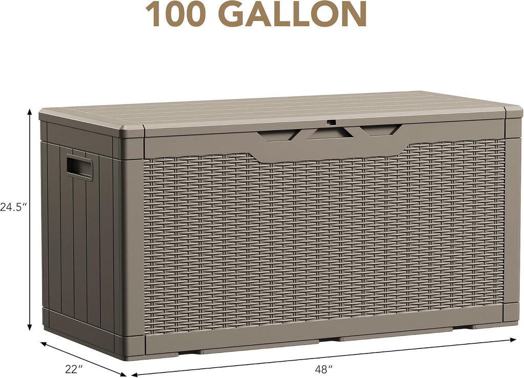 Devoko 100 Gallon Waterproof Large Resin Deck Box Indoor Outdoor Lockable Storage Container for Patio Furniture Cushions Garden Tools (100 Gallon, Light Brown)