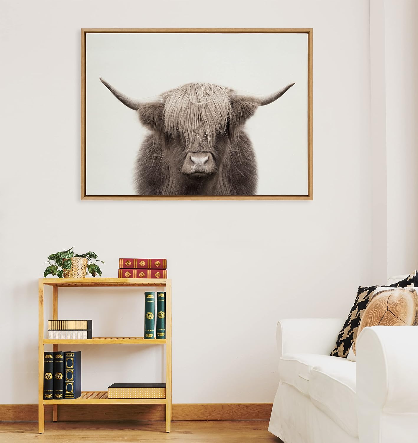 Kate and Laurel Sylvie Hey Dude Highland Cow Color Framed Linen Textured Canvas Wall Art by The Creative Bunch Studio; 31.5x41.5 Natural; Rustic Animal Wall Decor Art Piece
