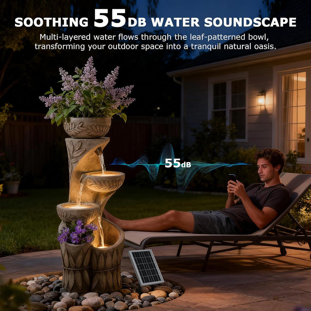 4 Tiered Solar Water Fountain Outdoor Garden, 35.6' Tall Cascading Bowl Leaf Carved Outdoor Waterfall Fountains Modern Water Feature with Dual Planters for Garden, Patio, Deck, Yard, Indoor Decor