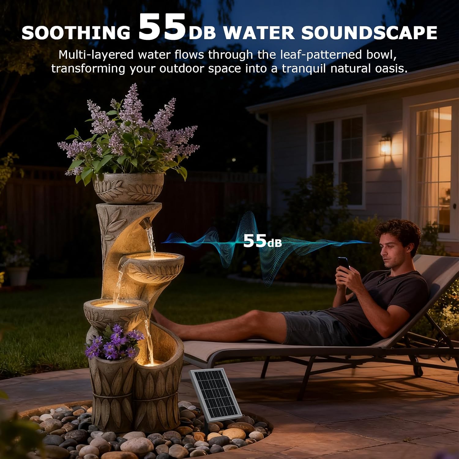 4 Tiered Solar Water Fountain Outdoor Garden, 35.6' Tall Cascading Bowl Leaf Carved Outdoor Waterfall Fountains Modern Water Feature with Dual Planters for Garden, Patio, Deck, Yard, Indoor Decor