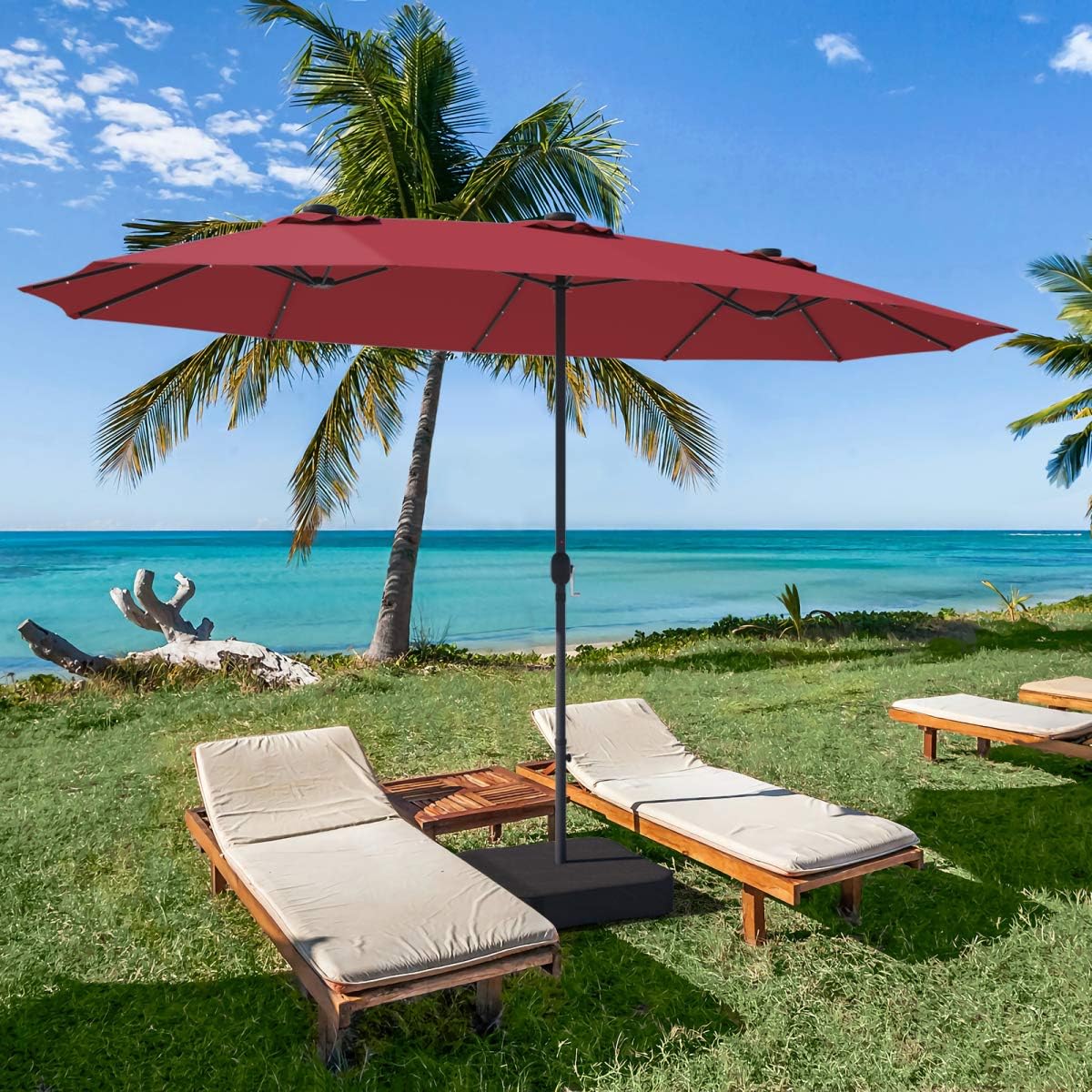 Tangkula 15 Ft Double Sided Patio Umbrella with Solar Lights, Extra Large Rectangle Outdoor Umbrella with 36 LED Lights & Crank Handle for Deck, Poolside, Garden, Backyard (Burgundy)