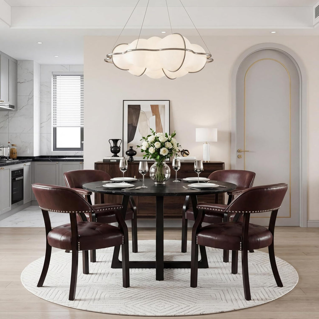 Dining Chairs with Upholstered and Arms,Office Desk Chair with Metal Rivets. PU Boss Captain's Chairs,Classic Accent Stools for Dining Room, Bedroom Brown Legs & Wine Red NX173-318WR
