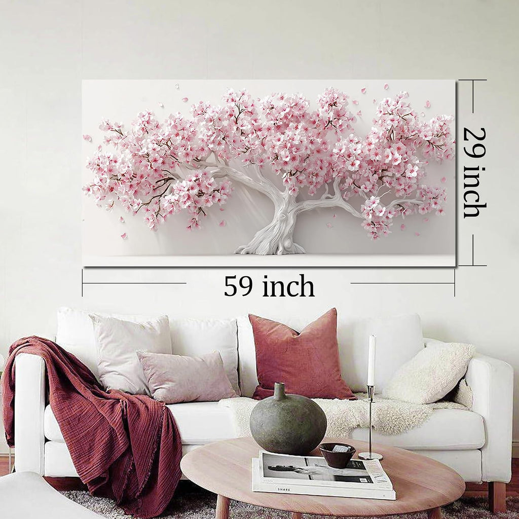 AOZEMI White Wall Art for Living Room Bedroom Home Office Pink Wall Decor Large Tree Pictures Art Flower Artwork Modern Floral Canvas 29'x 59'